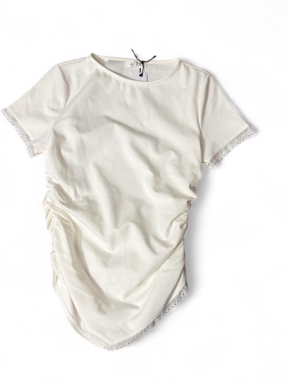 del RAY Ivory Ruched Lace Trim Top – Size M